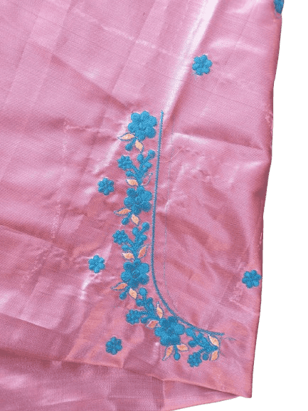 Pink Machine Embroidered Blouse Piece With Blue Floral Motifs view 2