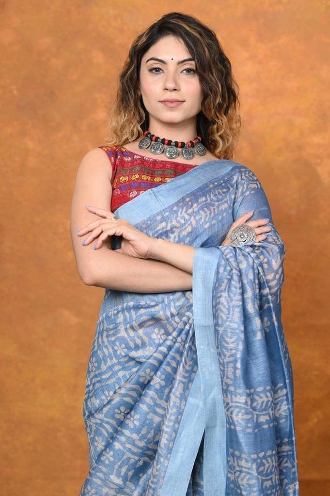 Designer~Pastel Blue Pure Linen Silk with Sleek Border and Hand Batik Print view 2