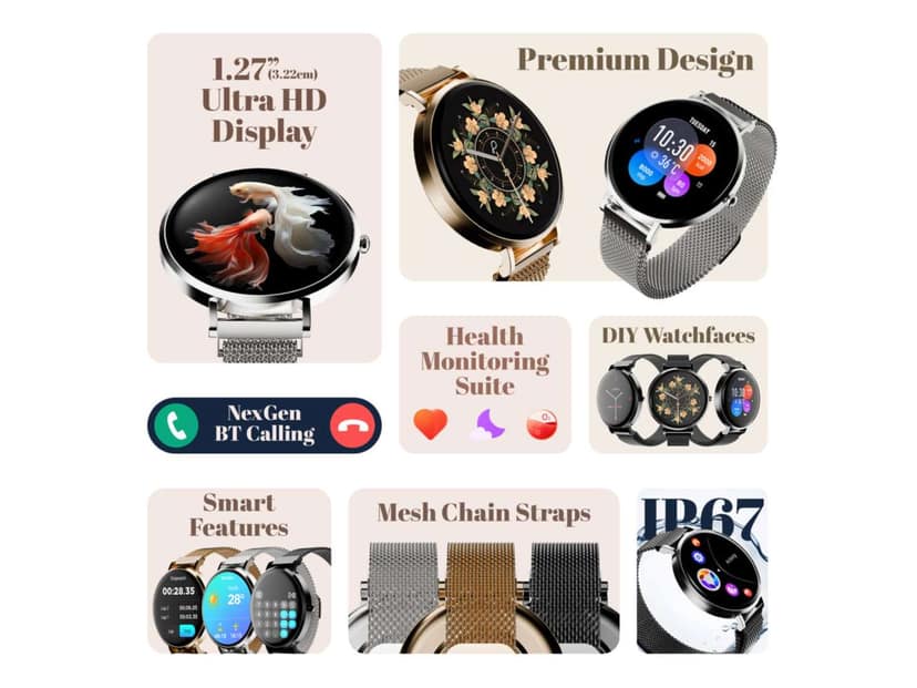 Pebble Ivy 1.27 HD Display Smartwatch with Bluetooth Calling, Female Health Monitoring, DIY Watch Faces, Voice Assistant, Premium Metal Strap - Ash Silver view 2