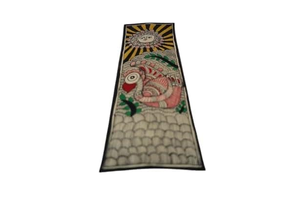 Traditional Madhubani Folk Art Wall Hanging, Hand-Painted Bird and Sun Design, Black Border.. view 2