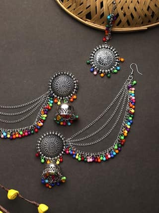 Cardinal Oxidized Silver Multicolor Beads Maang tika & Jhumki Earrings