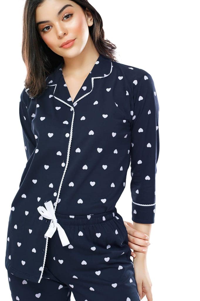 ZEYO Women's Cotton Green Heart Printed Stylish Night suit set view 2