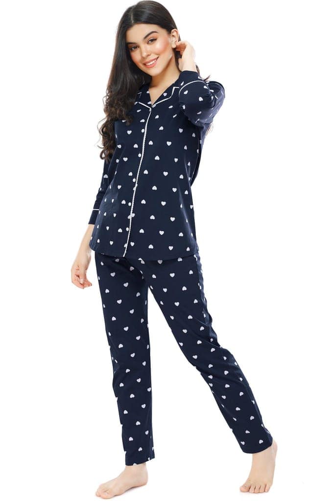 ZEYO Women's Cotton Green Heart Printed Stylish Night suit set view 4