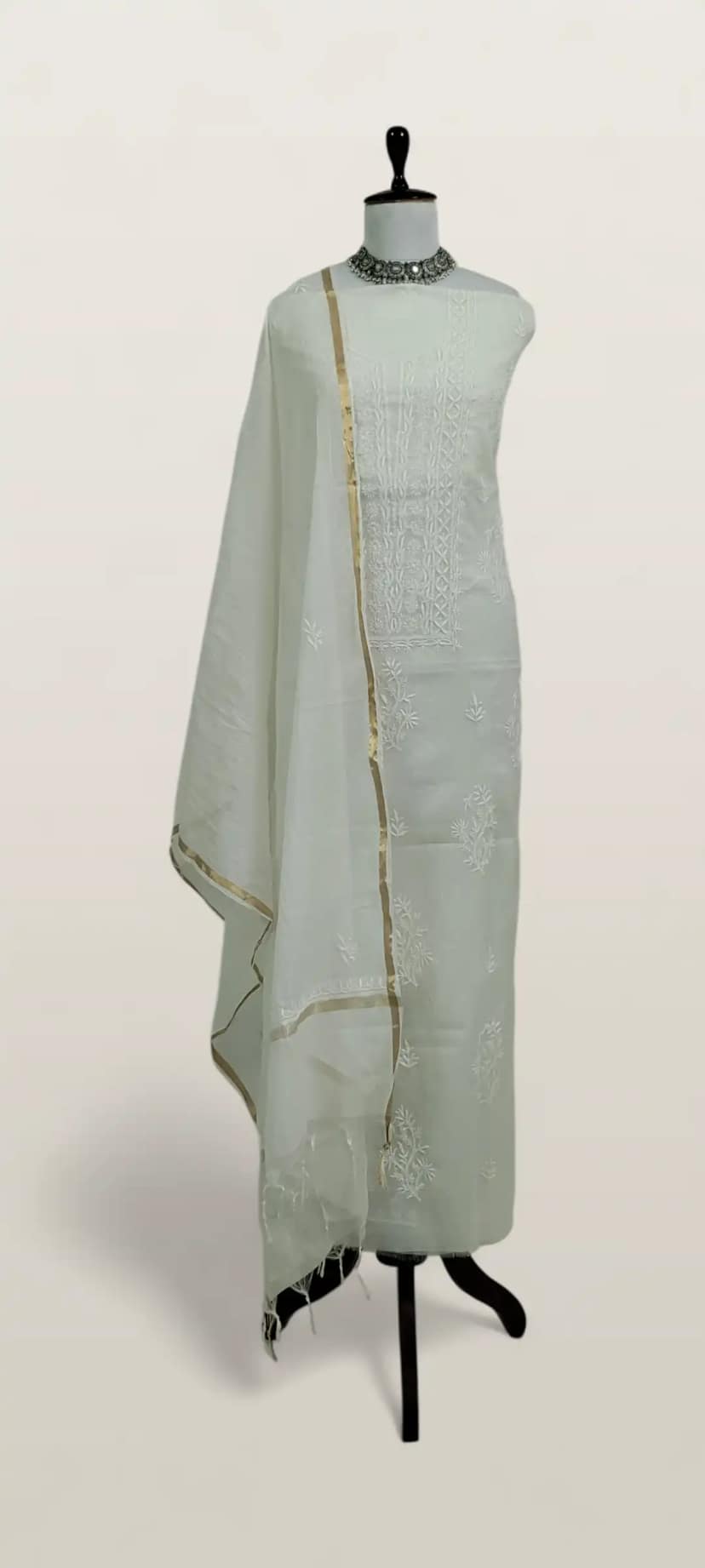 Chikankari Mul Chanderi Dress Material White Tonal Jaali