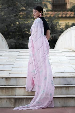Shwet Pink grey blue Kota Cotton Chikankari Saree