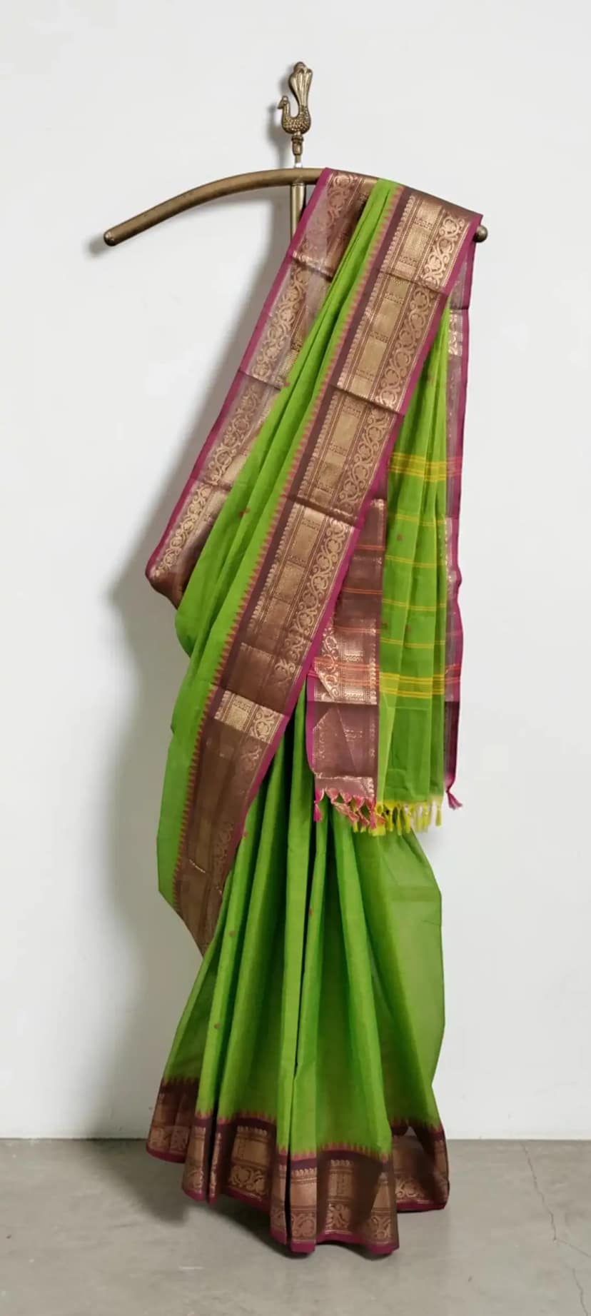 Kanchipuram Cotton Saree in Parrot Green with Maroon Zari Border view 3