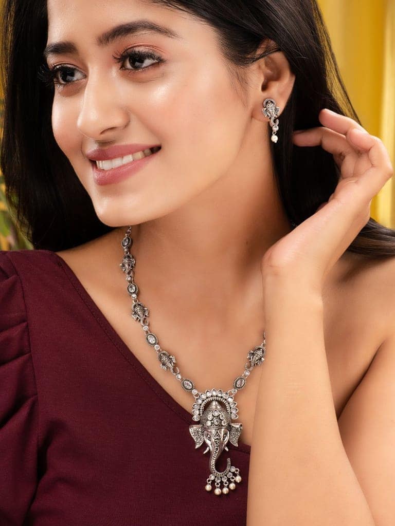 Oxidised Silver Plated & Beaded Lord Ganesha Necklace Jewellery Set view 2
