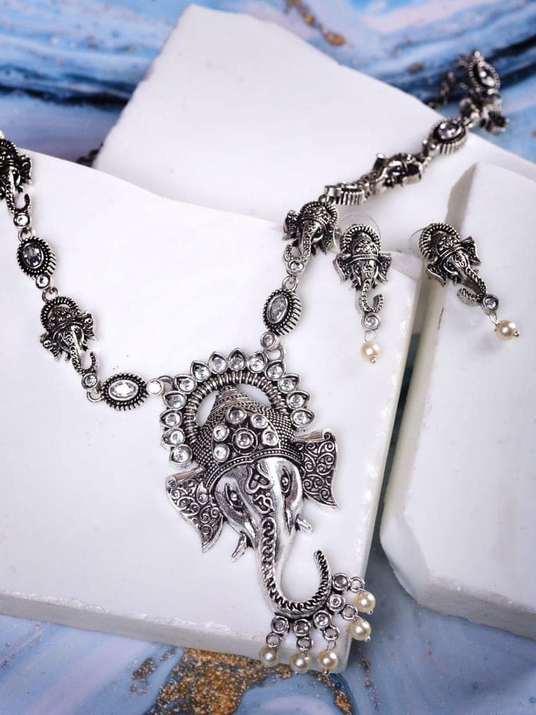 Oxidised Silver Plated & Beaded Lord Ganesha Necklace Jewellery Set view 8