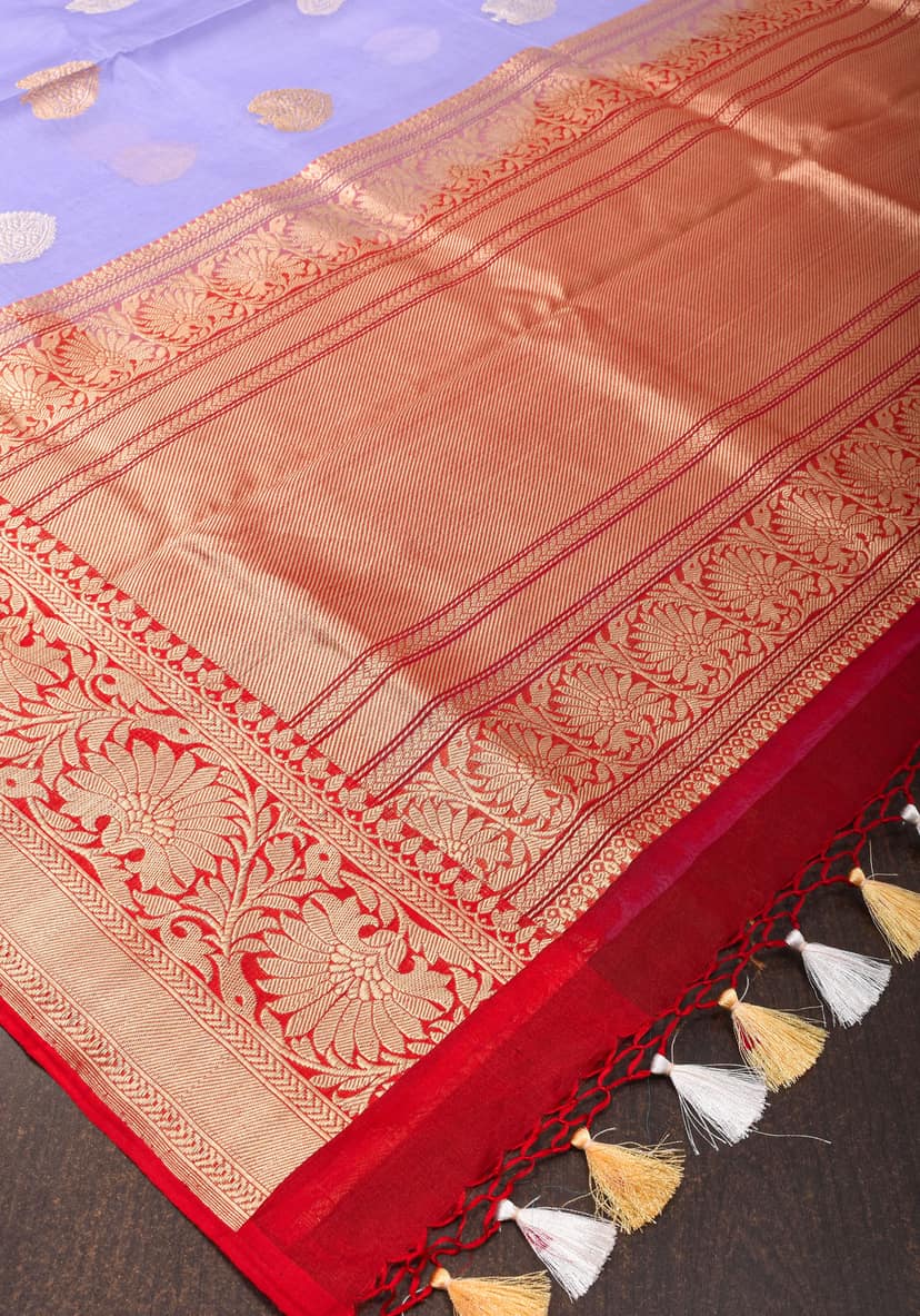 Lavender and Red Pure Organza Saree - Gorgeous Banarasi Kora Silk Saree with Sona Rupa Kadhuwa motifs | SILK MARK CERTIFIED view 10