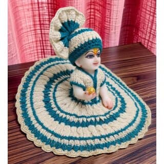 Crochet Laddu Gopal Dress with Pagdi | Cream Teal Blue Woolen Poshak view 2