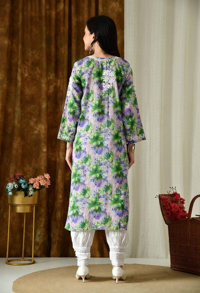 Multi color Mulmul Pure Cotton Lucknow Chikankari Kurta -Green view 7