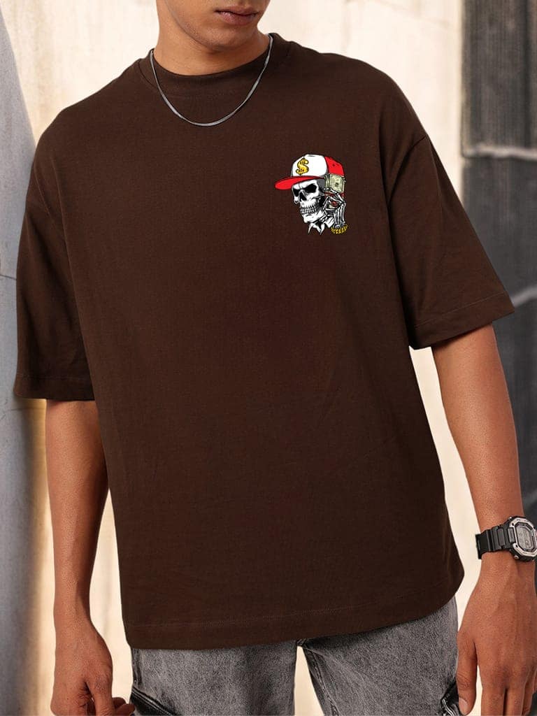 SCOTT FINCHER Men's Brown T-Shirt with a Graphic of a Skull Wearing a Hat and Holding Money : AA(ARN)BROWN_196 view 4