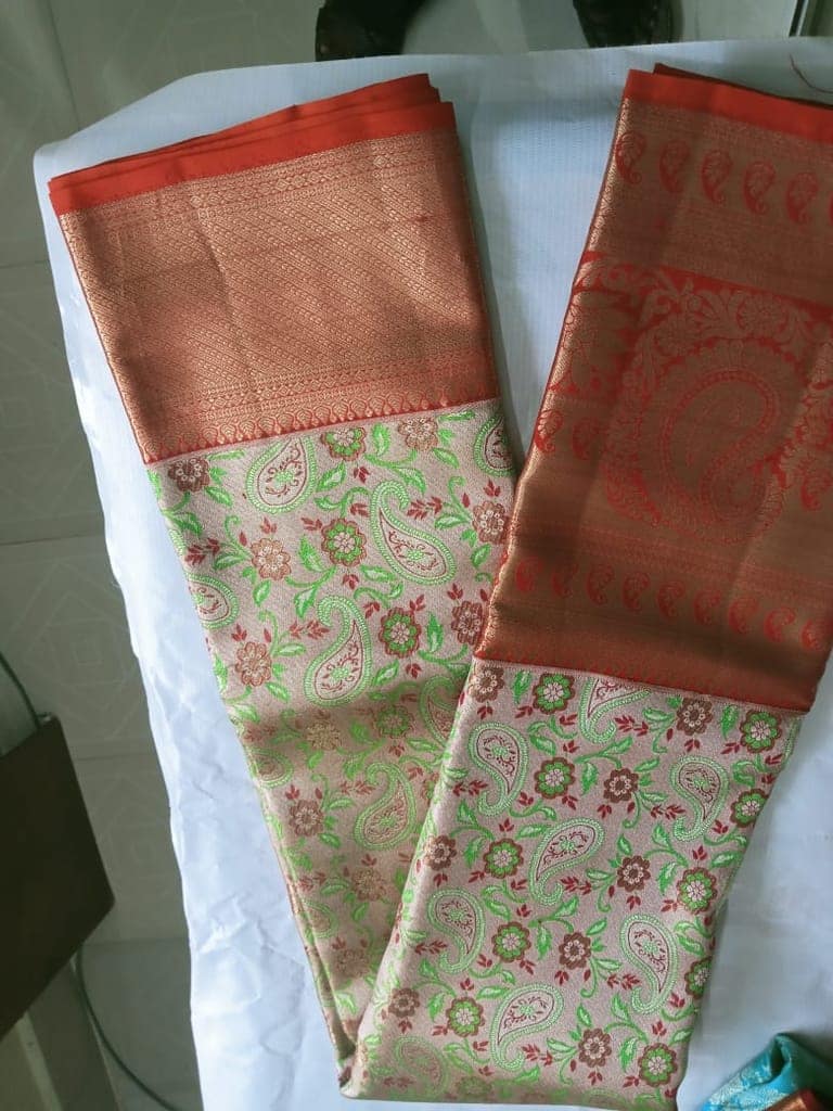 Red and gold zari woven Kanchipuram silk saree with blouse piece view 2