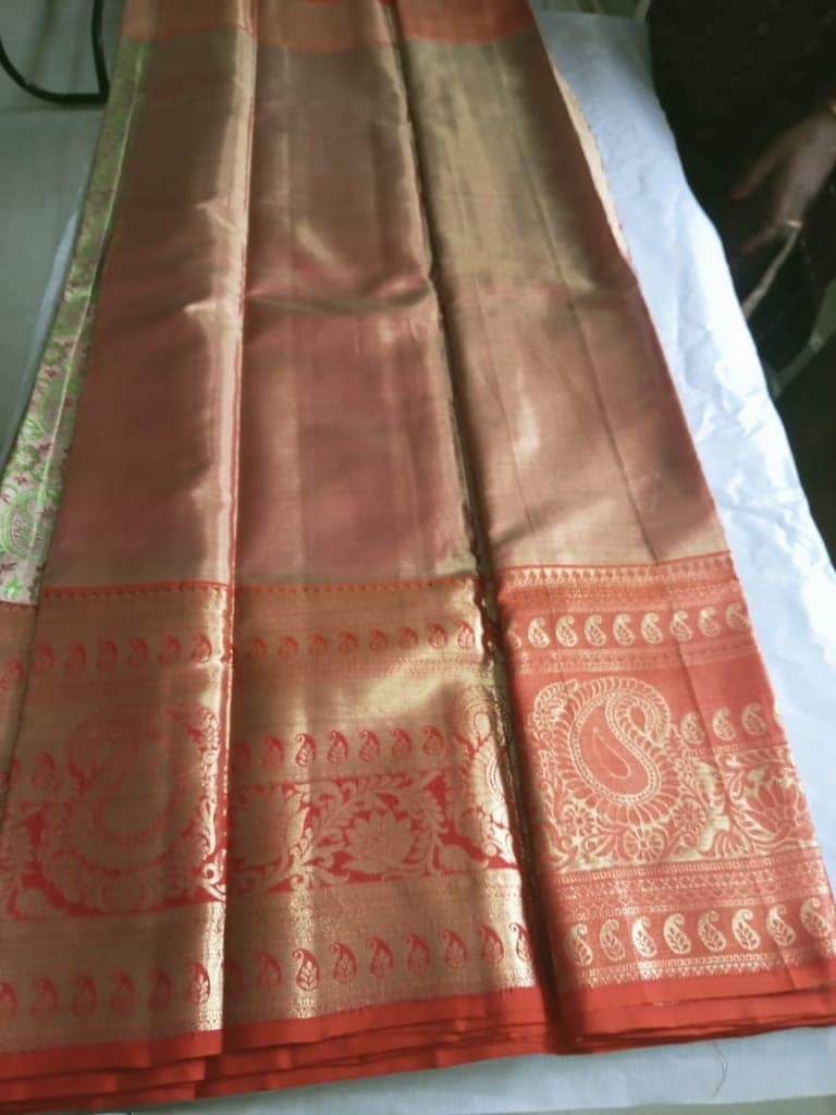 Red and gold zari woven Kanchipuram silk saree with blouse piece view 3