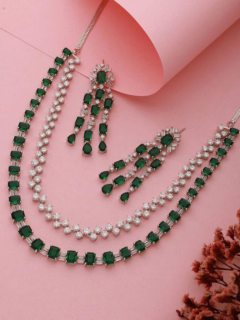 Silver Plated Emerald Green Double Lined Luxe Statement Bridal Jewellery Set view 2