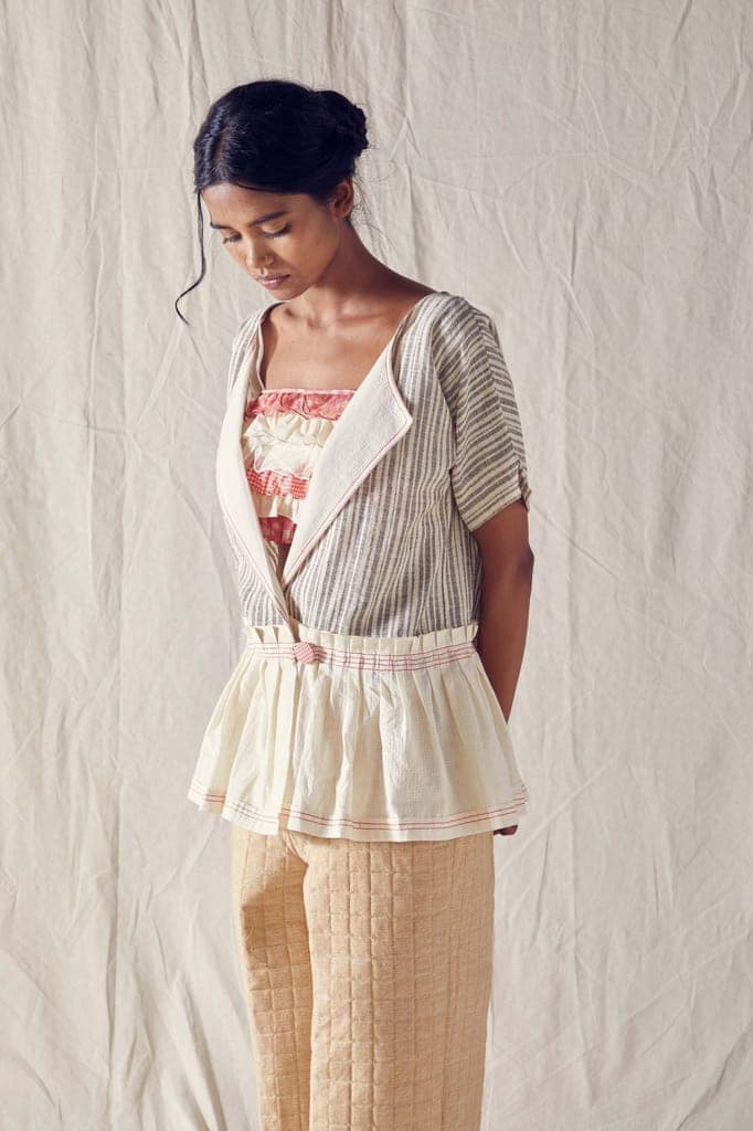 Peplum Jacket In Striped Organic Cotton And Off White Cotton Khadi Mulmul view 3