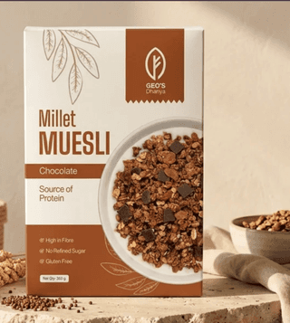 Geo's Dhanya Multi Millet Chocolate Muesli | No Refined Sugar | Sweetened with Jaggery | 8 Whole Grains, Nuts, Seeds & Real Dried Fruits | High Fibre Breakfast Cereal | 500g