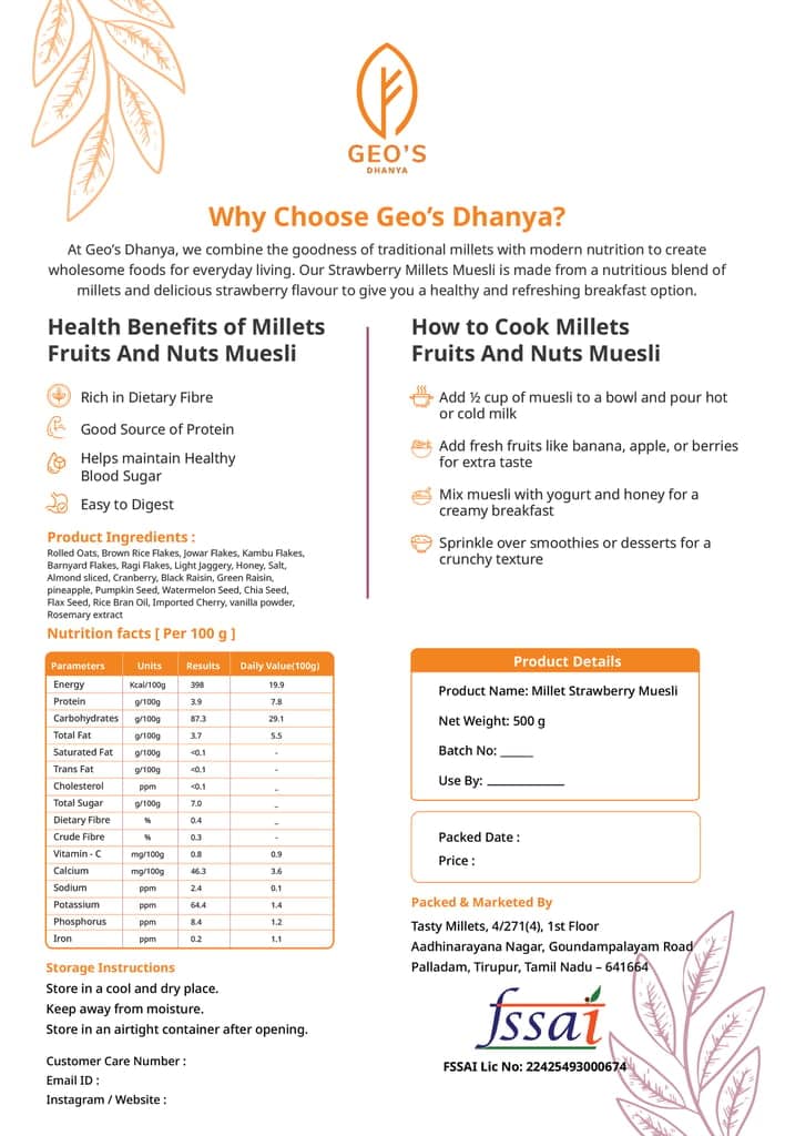 Geo's Dhanya Multi Millet Chocolate Muesli | No Refined Sugar | Sweetened with Jaggery | 8 Whole Grains, Nuts, Seeds & Real Dried Fruits | High Fibre Breakfast Cereal | 500g view 2