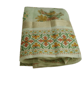 Pista Green Linen Saree With Floral Print and Golden Zari Border