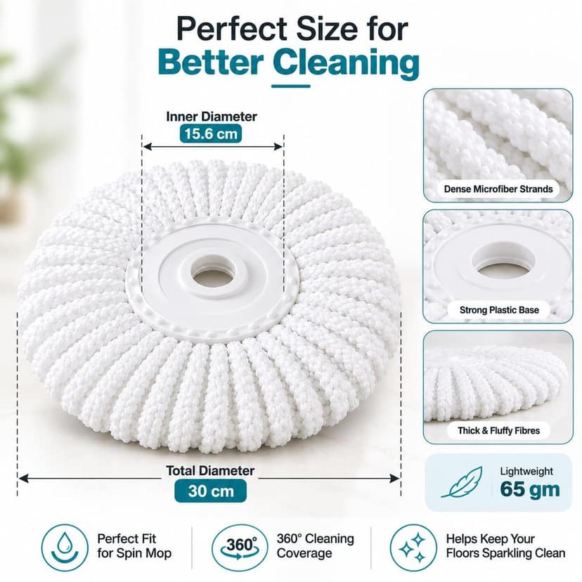 Novita 360° Spin Mop Replacement Refill | Extra-Wide 38cm Polyester Microfiber Mop Head | 16cm Ring | 115g Mop Refill | Super-Absorbent & Washable | White view 2