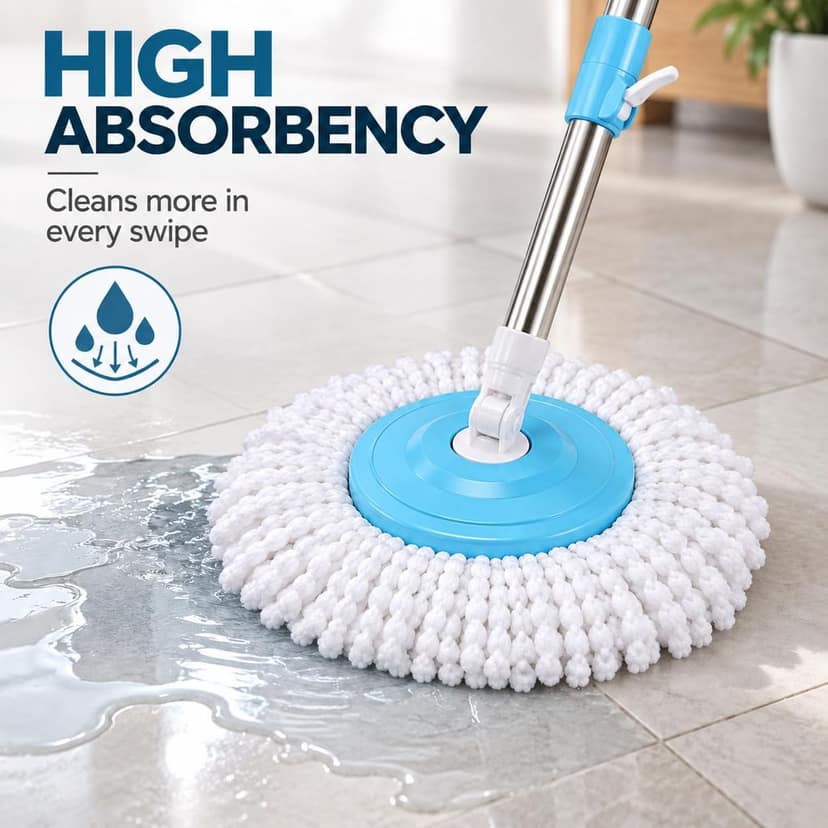 Novita 360° Spin Mop Replacement Refill | Extra-Wide 38cm Polyester Microfiber Mop Head | 16cm Ring | 115g Mop Refill | Super-Absorbent & Washable | White view 4
