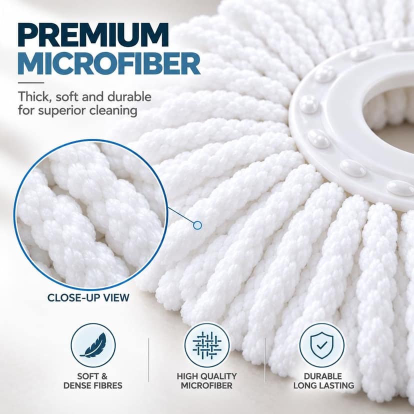 Novita 360° Spin Mop Replacement Refill | Extra-Wide 38cm Polyester Microfiber Mop Head | 16cm Ring | 115g Mop Refill | Super-Absorbent & Washable | White view 5