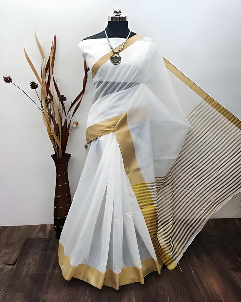 Women's Traditional White & Gold Kasavu Saree with Matching Blouse Piece | Kerala Style Cotton Silk Saree | Festive & Ethnic Wear view 5