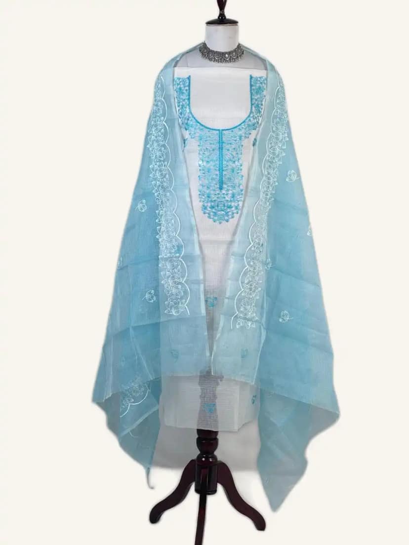 Kota Doria Dress Material Powder Blue Floral Yoke view 2