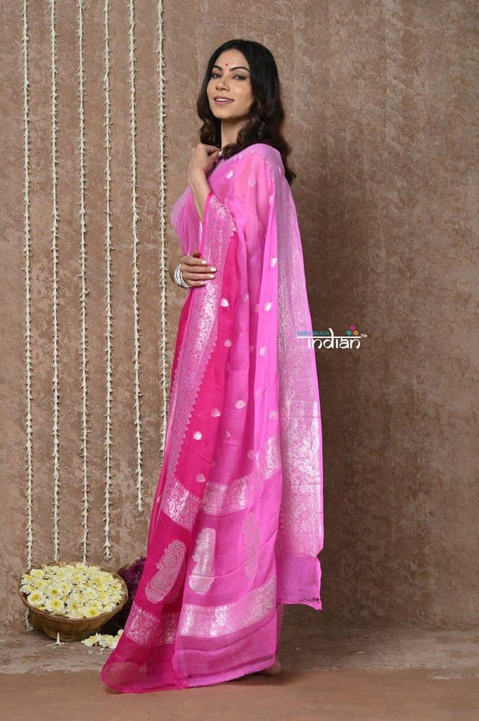 Handloom Khaddi Georgette Saree With Sleek Border ~ Ombre Pink (Silk Mark) view 3