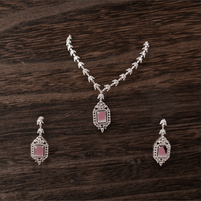 ELLNORA'S Stunning Silver Diamond Cut Necklace Set with Pink Gemstones view 4