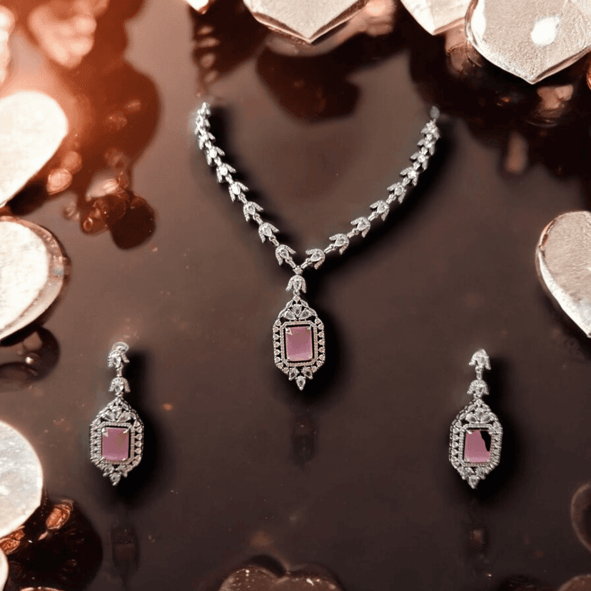 ELLNORA'S Stunning Silver Diamond Cut Necklace Set with Pink Gemstones view 5