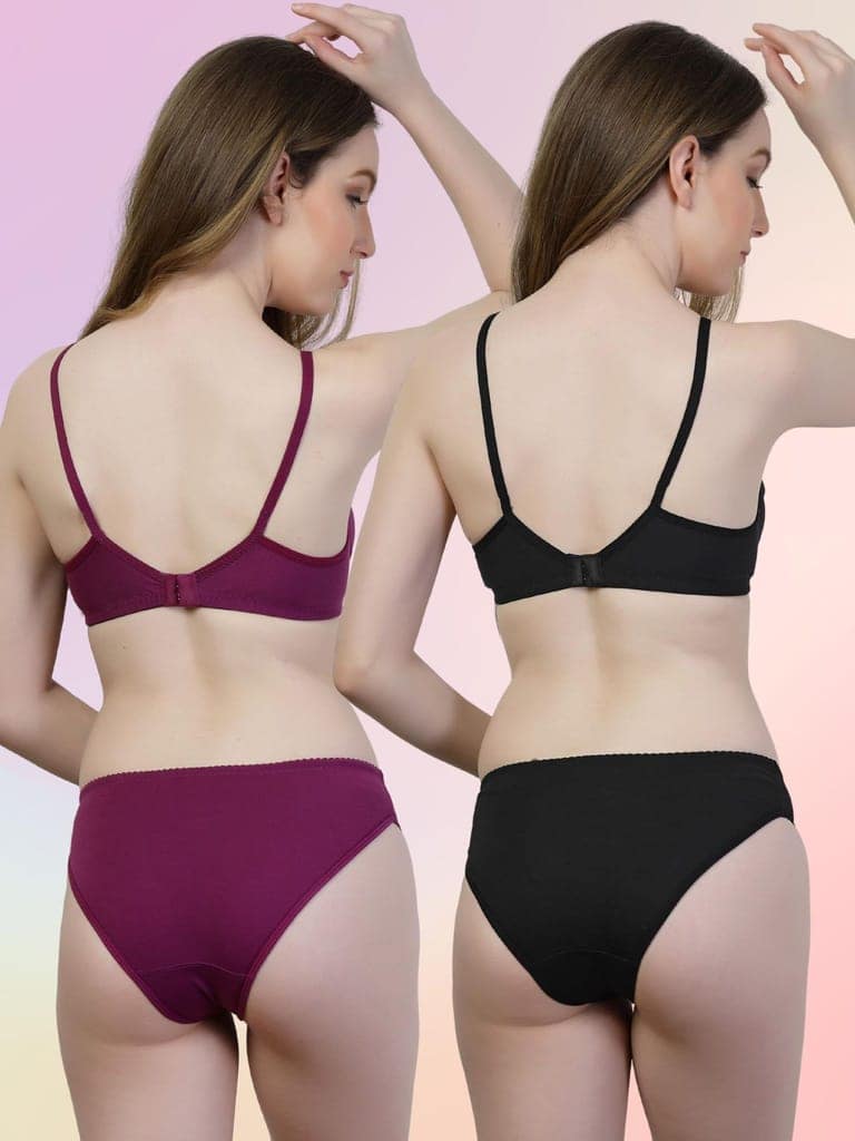 adornstar Women Cotton Lingerie Set with Solid Color Design | Non Wired and Non Padded Bra with Full Coverage Hipster Panty Set | Stylish and Soft Stretchable Fabric (Pack of 2) view 3