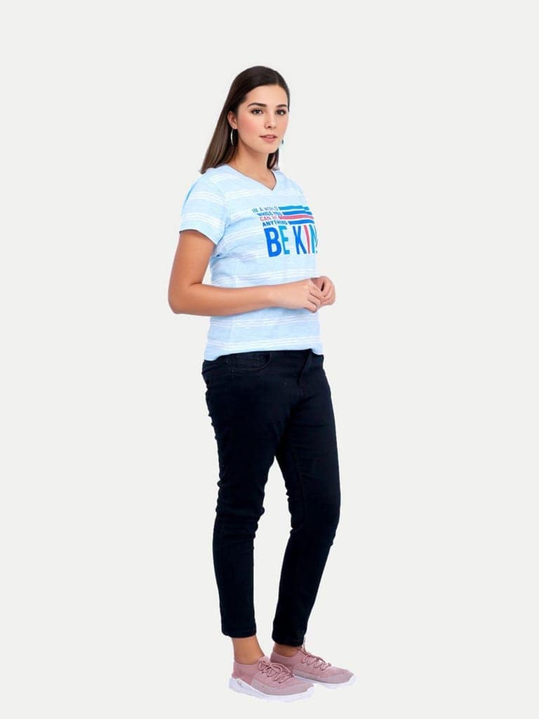 Women Light Blue Striped Half Sleeve V Neck Printed T-shirt view 3