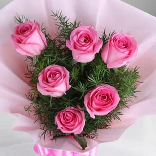 Delicate Love 6 Pink Roses Bunch For Valentine's Day Gift