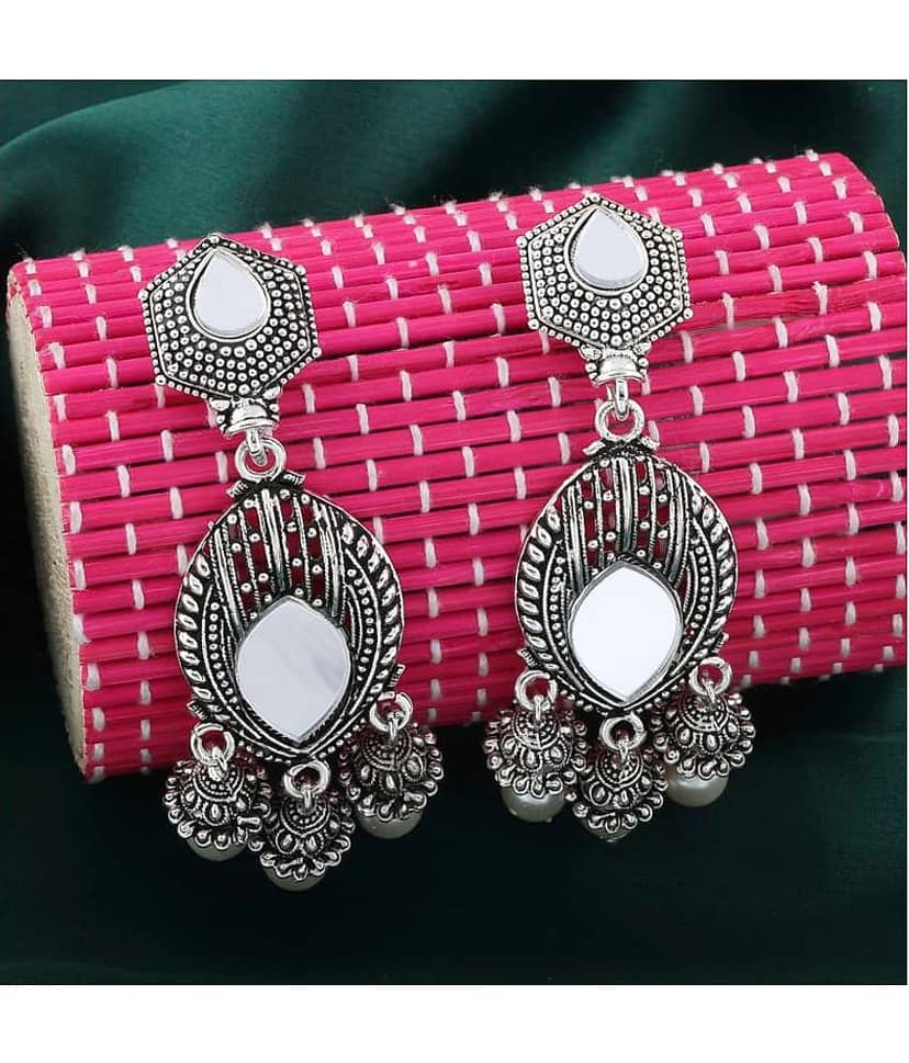 Silver Shine Classic Silver Geometric Pearl Mirror Earrings