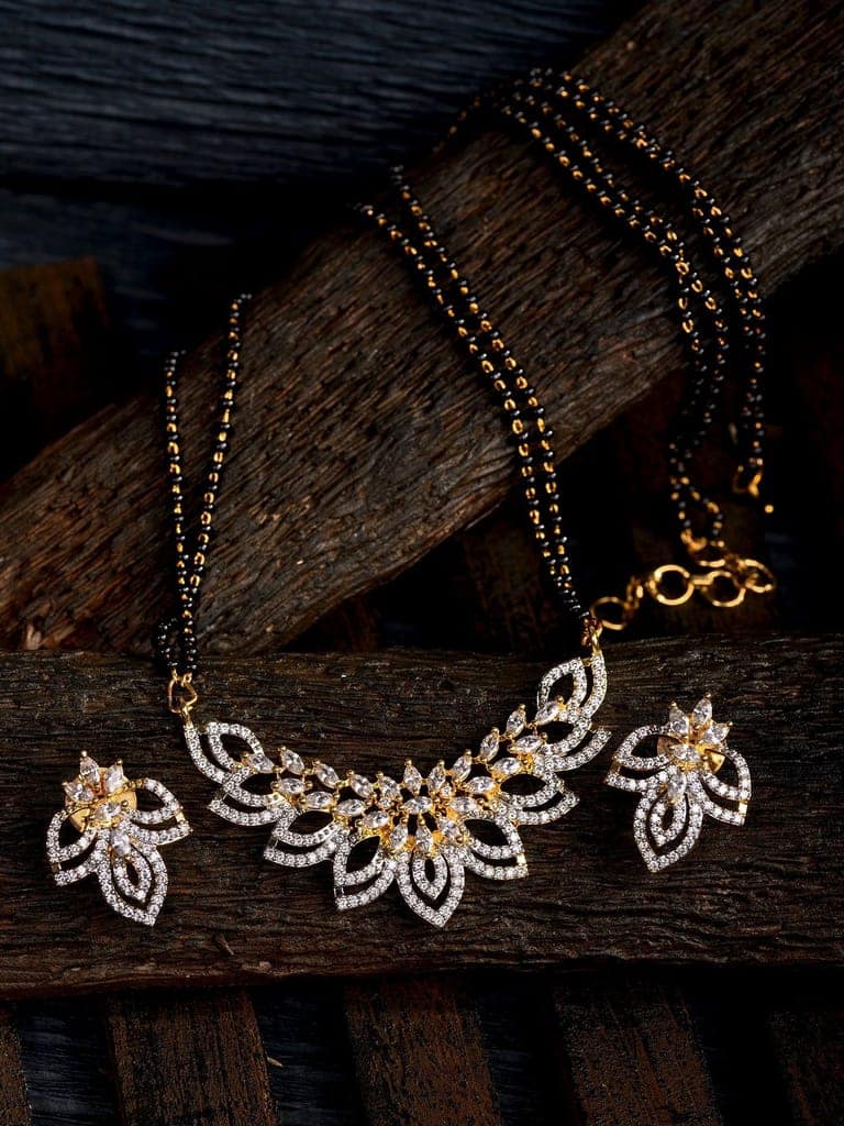 Gold Plated Black & White AD Studded & Beaded Mangalsutra Earrings view 3