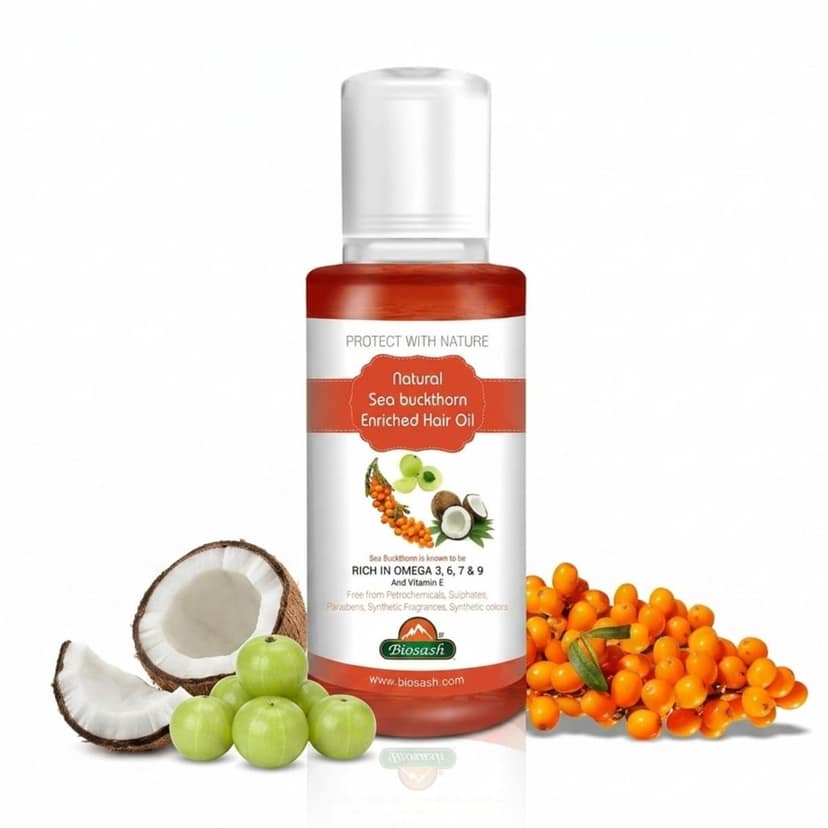 Biosash Sea Buckthorn Hair Oil 100ml | Ayurvedic Hair Care with Sea Buckthorn Berry, Almond & Castor Oil | Rich in Omega 3 6 7 9 & Vitamin E | Hair Fall Control & Hair Growth