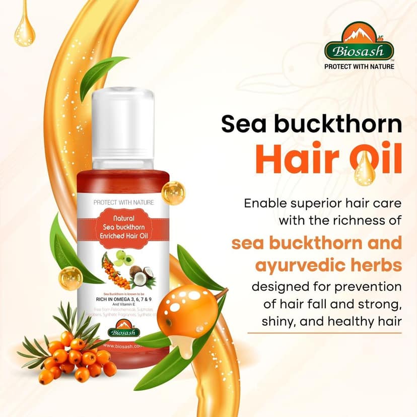 Biosash Sea Buckthorn Hair Oil 100ml | Ayurvedic Hair Care with Sea Buckthorn Berry, Almond & Castor Oil | Rich in Omega 3 6 7 9 & Vitamin E | Hair Fall Control & Hair Growth view 3