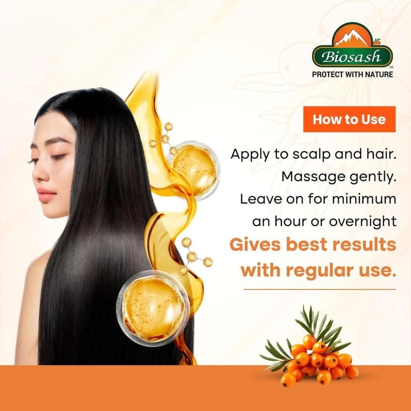 Biosash Sea Buckthorn Hair Oil 100ml | Ayurvedic Hair Care with Sea Buckthorn Berry, Almond & Castor Oil | Rich in Omega 3 6 7 9 & Vitamin E | Hair Fall Control & Hair Growth view 4