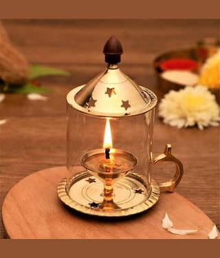 eCraftIndia Gold-Toned Akhand Diya with Glass Lid