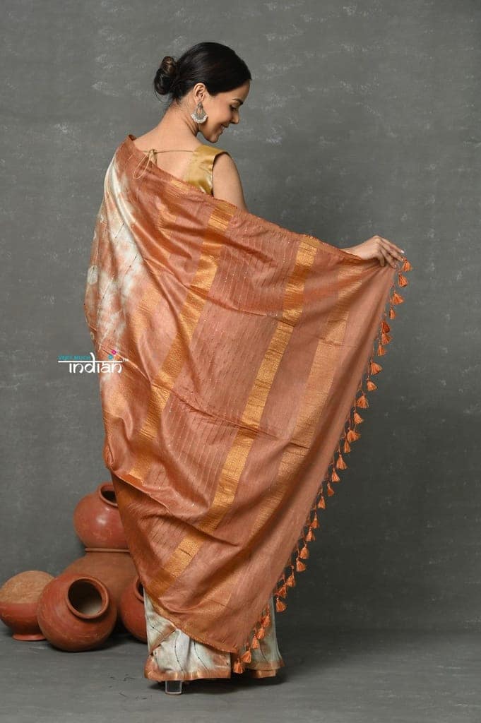 Tyohaar ~ Cotton Viscose Hand Dyed Saree With Sleek Border - Beige Brown view 4