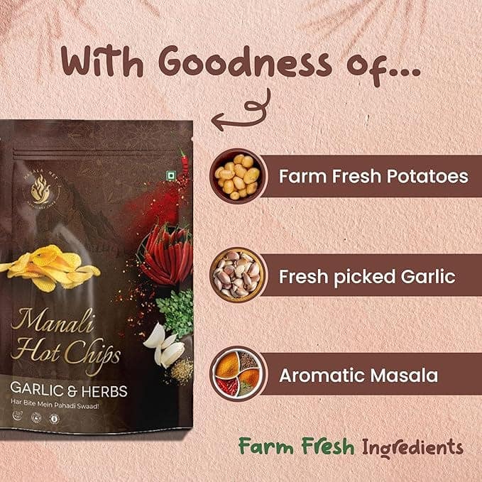 Manali Hot Chips Organic Potato Wafers Garlic & Herbs Flavor 55g | Farm Fresh Thin & Crunchy Crispy Snack | No Palm Oil(Pack of 2) view 3