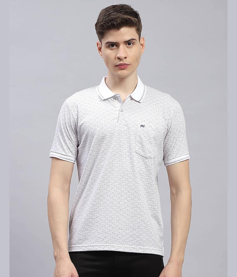 Monte Carlo Pack of 1 Cotton Blend Regular Fit Printed Half Sleeves Men's Polo T Shirt ( White )