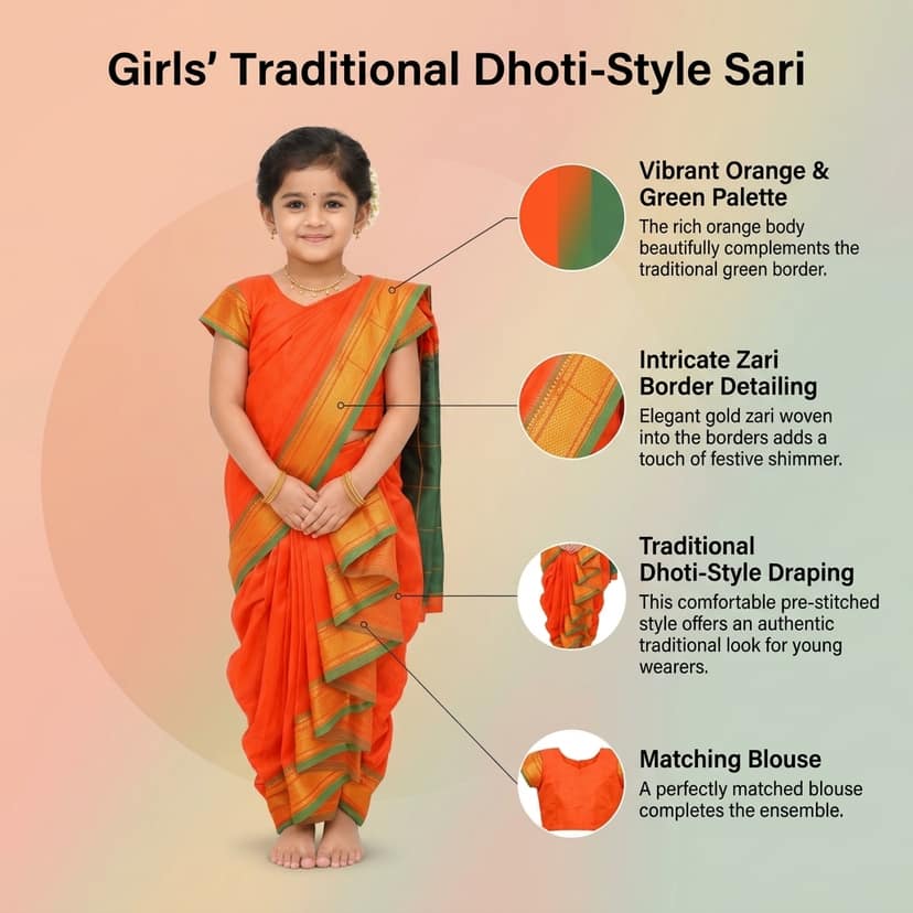 Mom and Me Nauvari Saree for Girls/Baby Girl, Ready to Wear, Marathi Maharashtrian Traditional Saree, Festival Outfit for Puja, Ganpati Festival, School Programs stitch Blouse (Orange, 14-15 Years) view 4