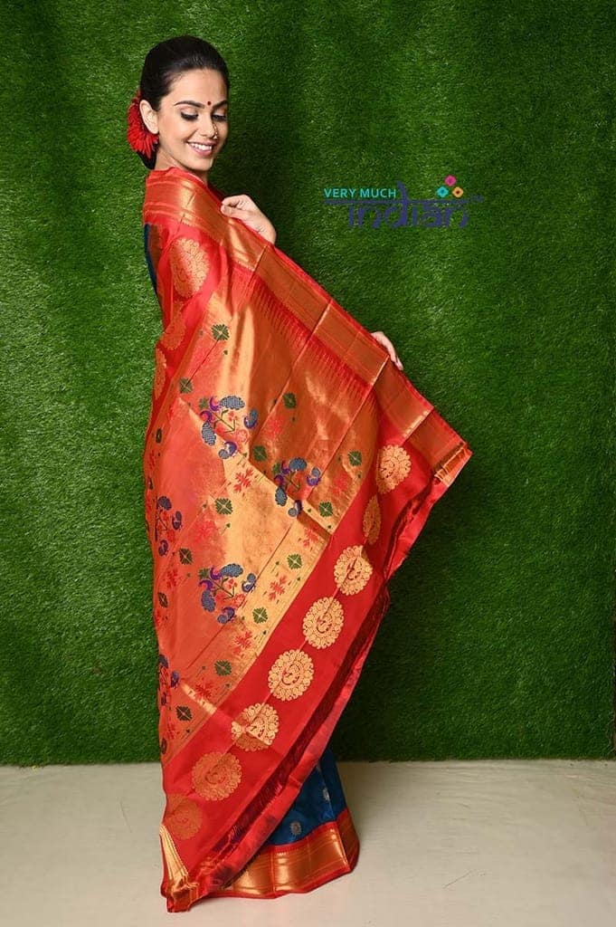 Pure Silk Handloom Maharani Paithani - Handloom Turquoise blue Paithani with Bright Red Border and Traditional Maharani Pallu view 4