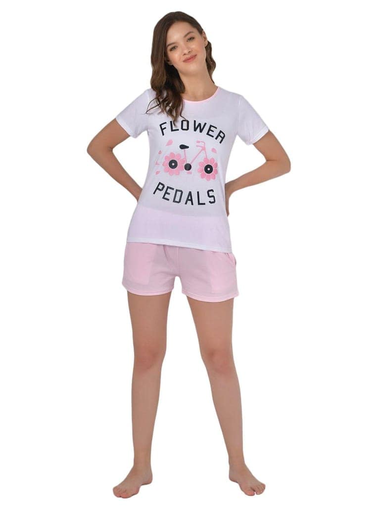 Klamotten Women's White & Pink Graphic Printed Top Shorts Set GM02Rb view 3