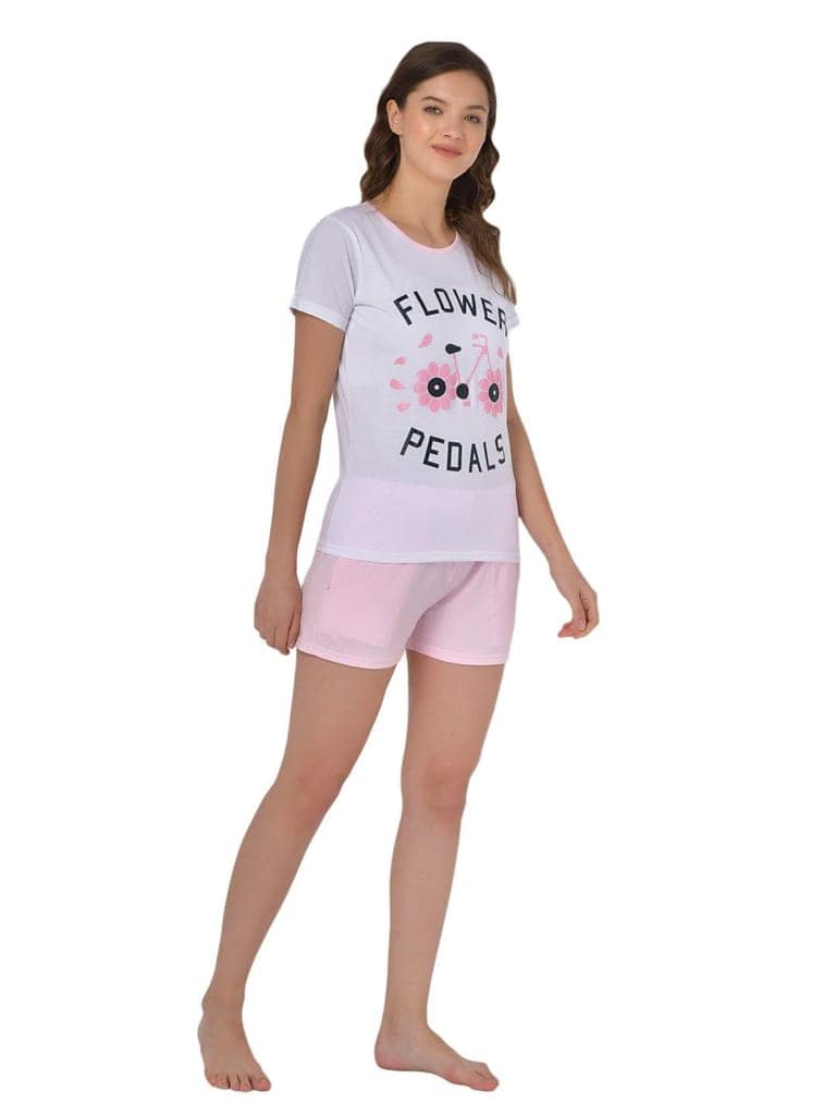 Klamotten Women's White & Pink Graphic Printed Top Shorts Set GM02Rb view 5