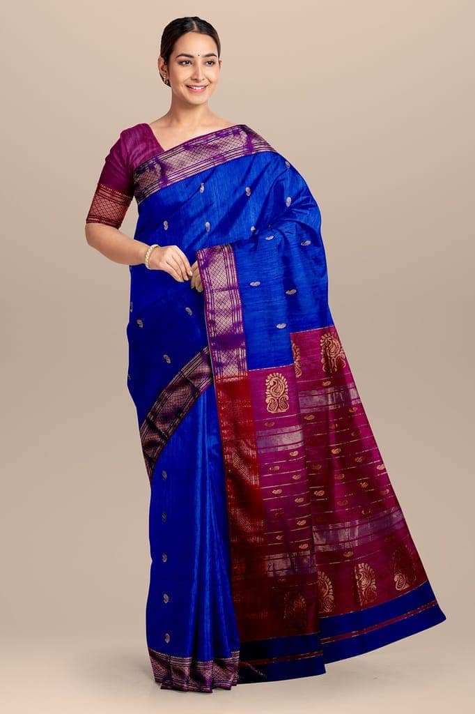 Blue Carry Buti Handwoven Sausar Silk with Zari Border and Floral Buta Marron Palla Saree SKU-BS10121