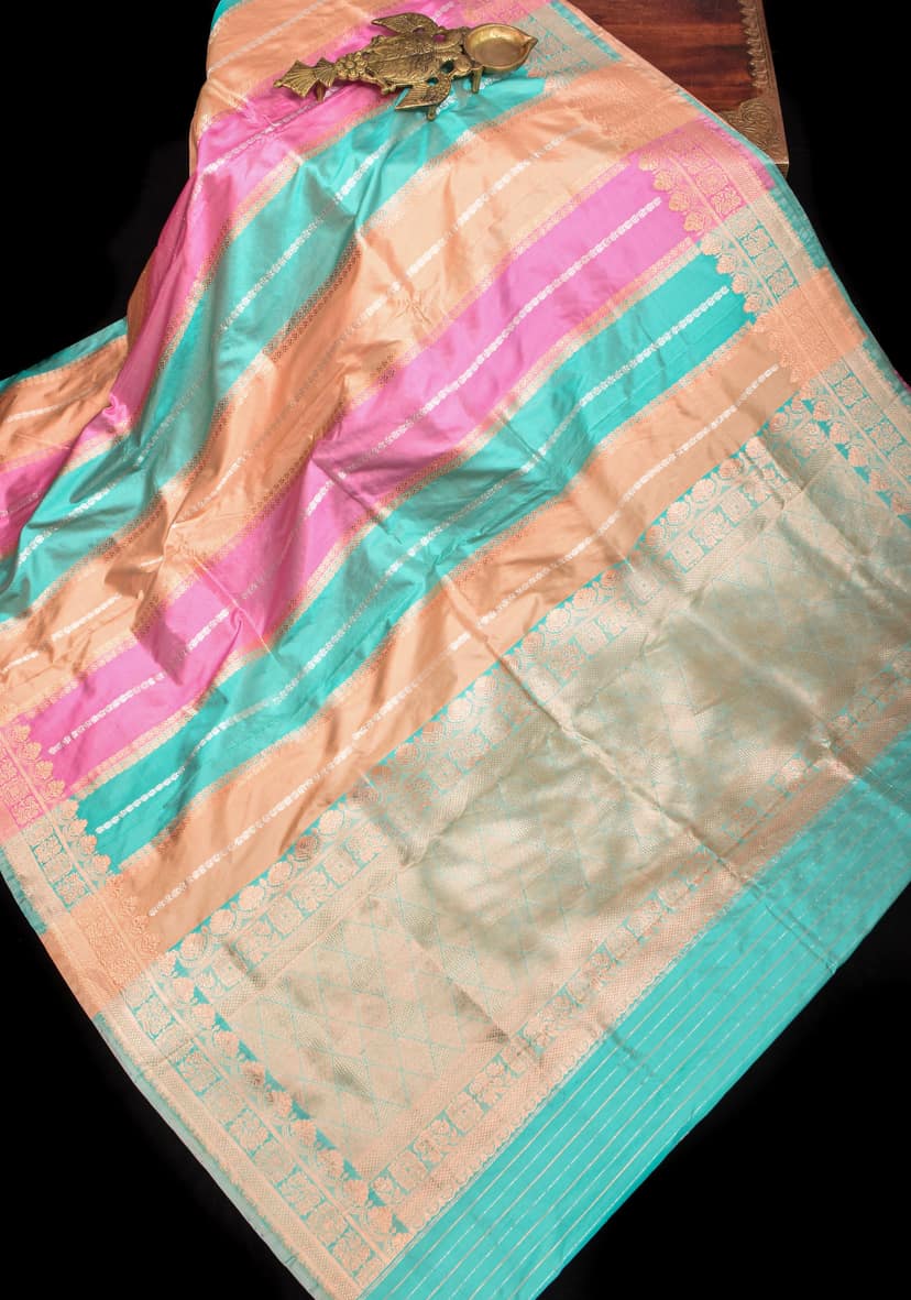 Pastel Multicolor Banarasi Katan Silk Saree with zari stripes and floral border | SILK MARK CERTIFIED