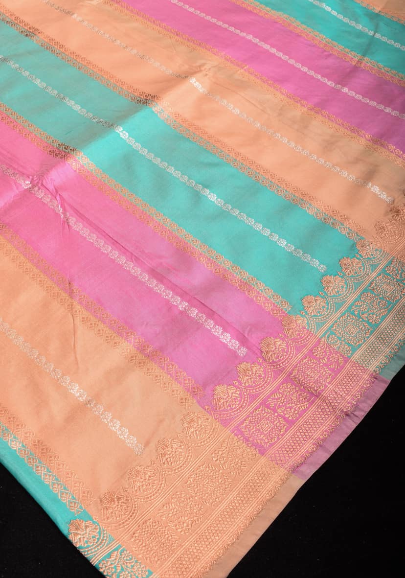 Pastel Multicolor Banarasi Katan Silk Saree with zari stripes and floral border | SILK MARK CERTIFIED view 3